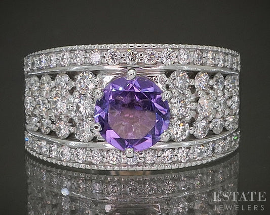 14k White Gold Round Cut Natural Amethyst & Diamond Cocktail Ring 14.2g p24153