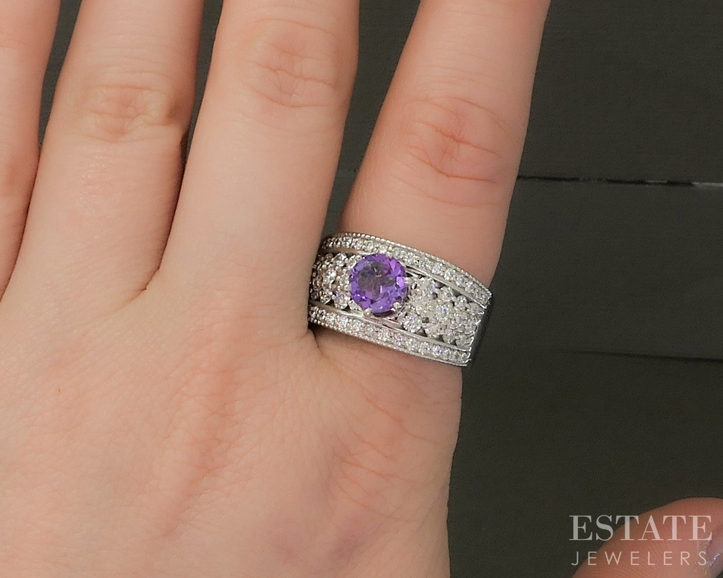 14k White Gold Round Cut Natural Amethyst & Diamond Cocktail Ring 14.2g p24153