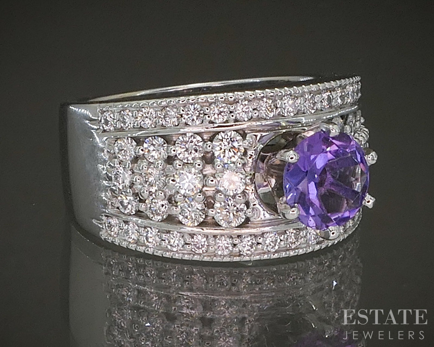 14k White Gold Round Cut Natural Amethyst & Diamond Cocktail Ring 14.2g p24153