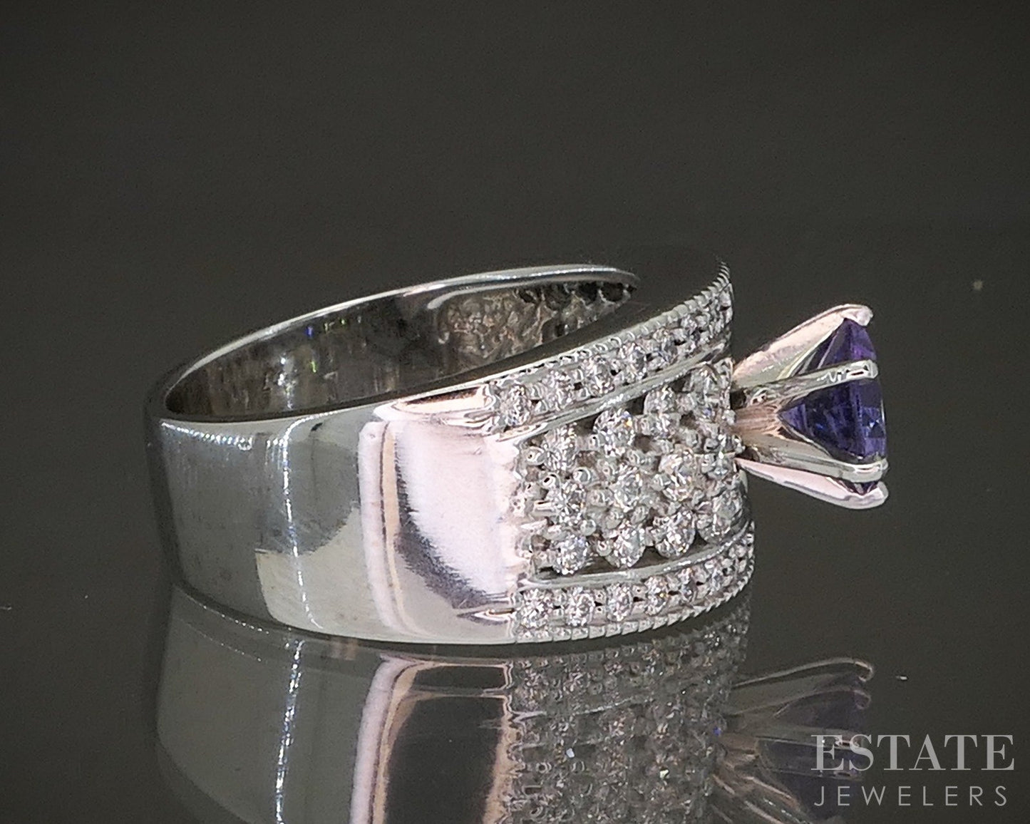 14k White Gold Round Cut Natural Amethyst & Diamond Cocktail Ring 14.2g p24153