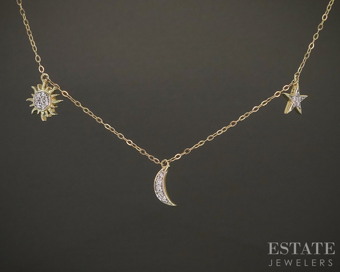 10k Yellow Gold Natural Diamond Moon Star Sun Station Necklace 2.6g 18"L p24179