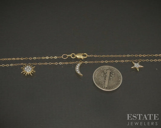 10k Yellow Gold Natural Diamond Moon Star Sun Station Necklace 2.6g 18"L p24179
