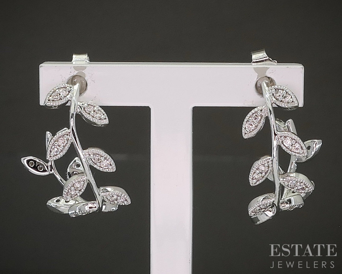 14K White Gold Natural .24ctw Diamond Curved Leaf Hoop Earrings 3.4g p24175
