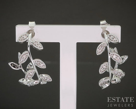 14K White Gold Natural .24ctw Diamond Curved Leaf Hoop Earrings 3.4g p24175