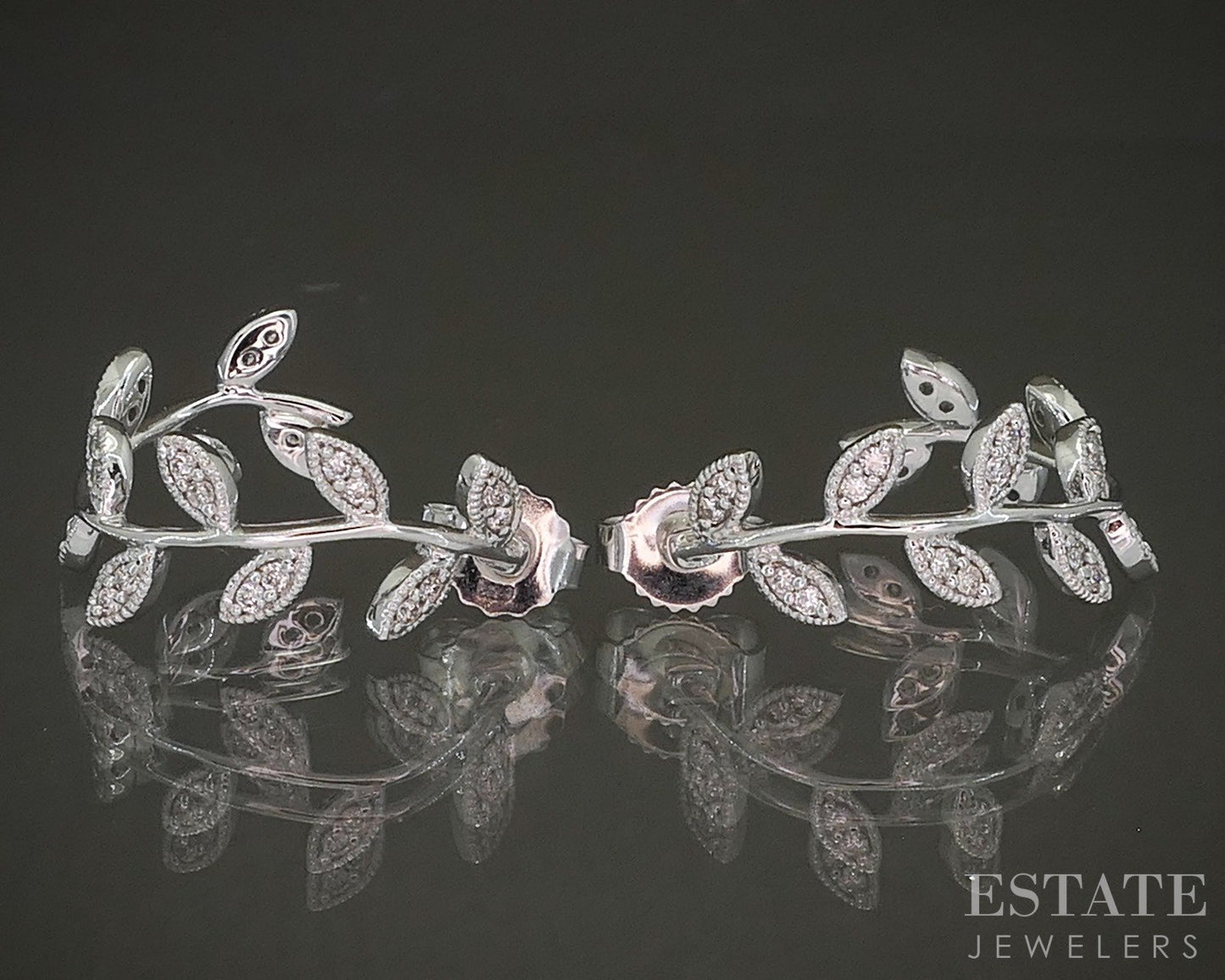 14K White Gold Natural .24ctw Diamond Curved Leaf Hoop Earrings 3.4g p24175