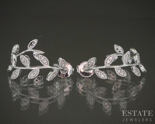 14K White Gold Natural .24ctw Diamond Curved Leaf Hoop Earrings 3.4g p24175
