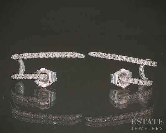 14K White Gold Natural .28ctw Diamond Double Bar Hoop Earrings 2.1g p24178