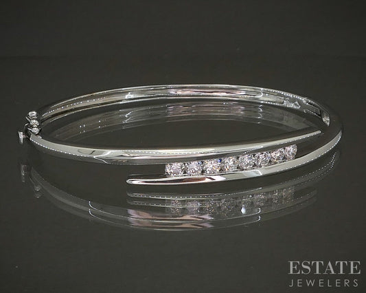 14k White Gold Natural .70ctw Diamond Bypass Bangle Bracelet 12.9g p24149
