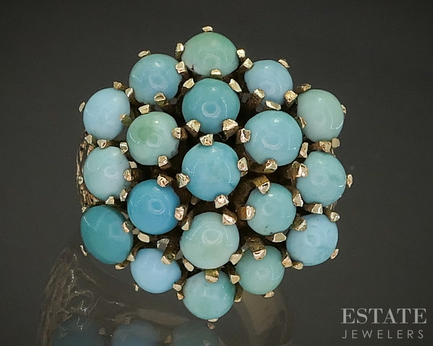 Vintage 14k Yellow Gold Natural Turquoise Cluster Cocktail Ring 8.4g p23861