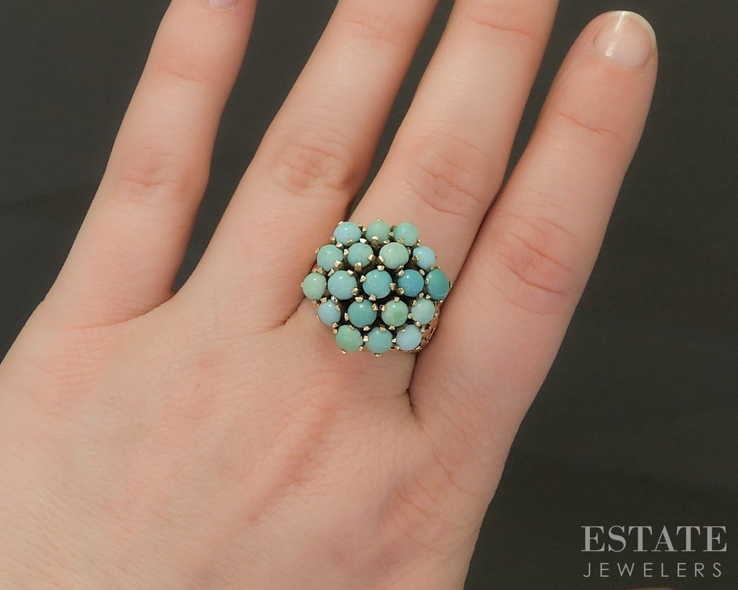 Vintage 14k Yellow Gold Natural Turquoise Cluster Cocktail Ring 8.4g p23861