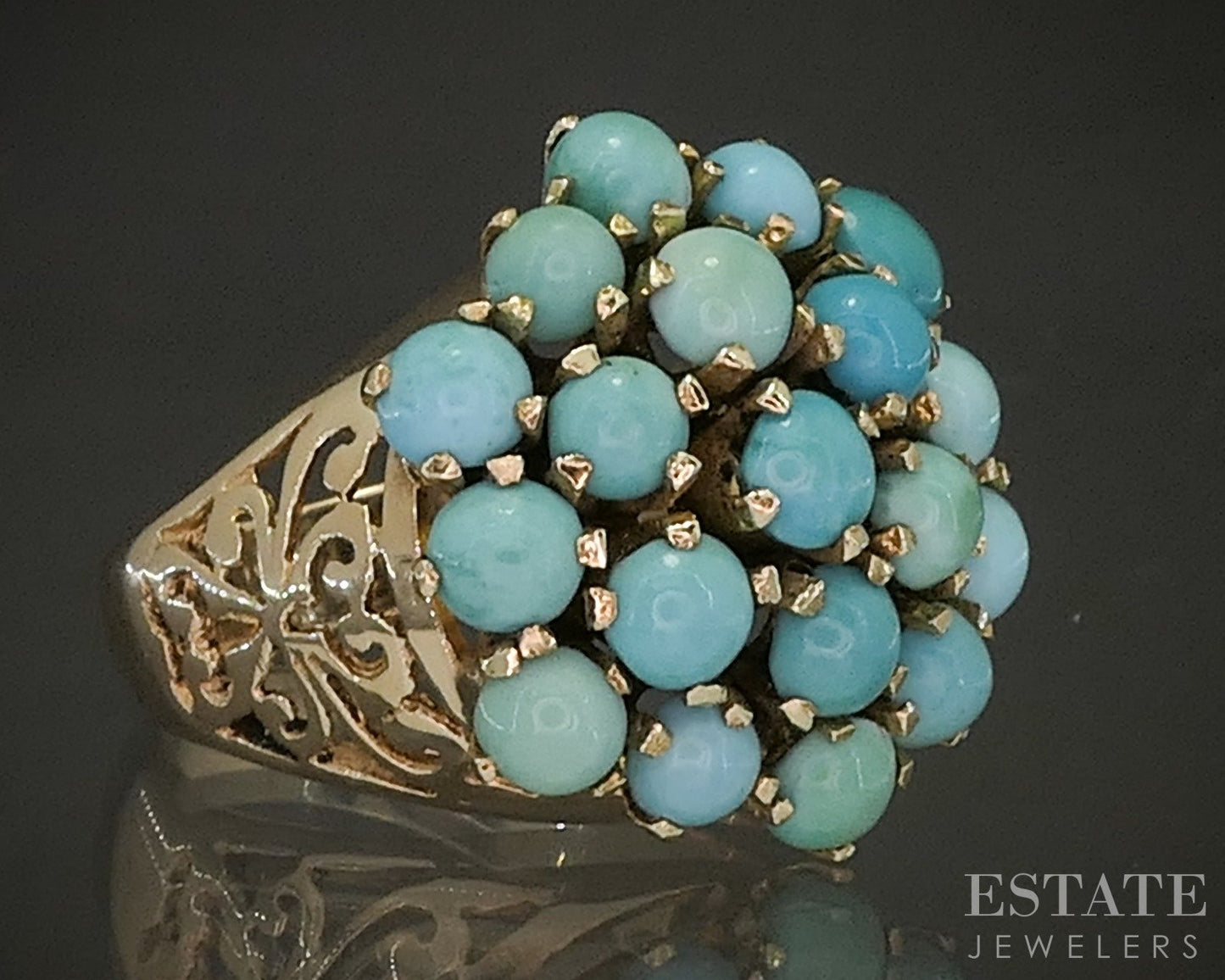 Vintage 14k Yellow Gold Natural Turquoise Cluster Cocktail Ring 8.4g p23861