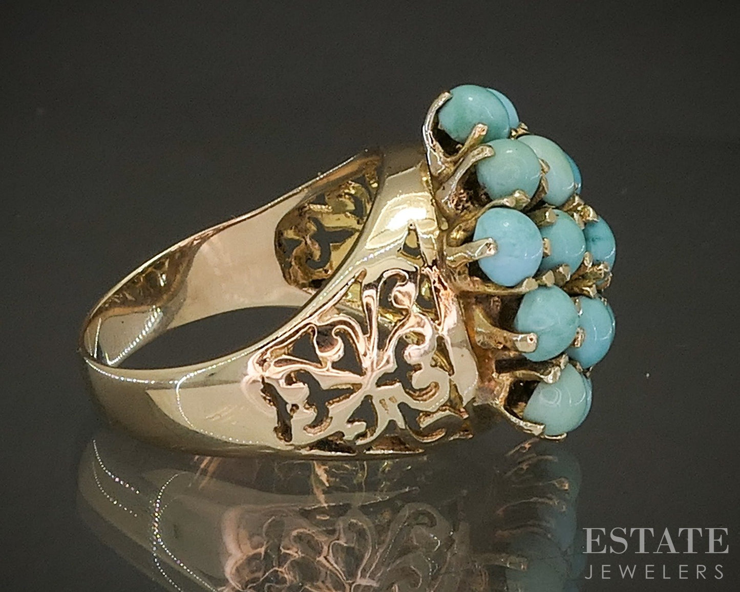 Vintage 14k Yellow Gold Natural Turquoise Cluster Cocktail Ring 8.4g p23861