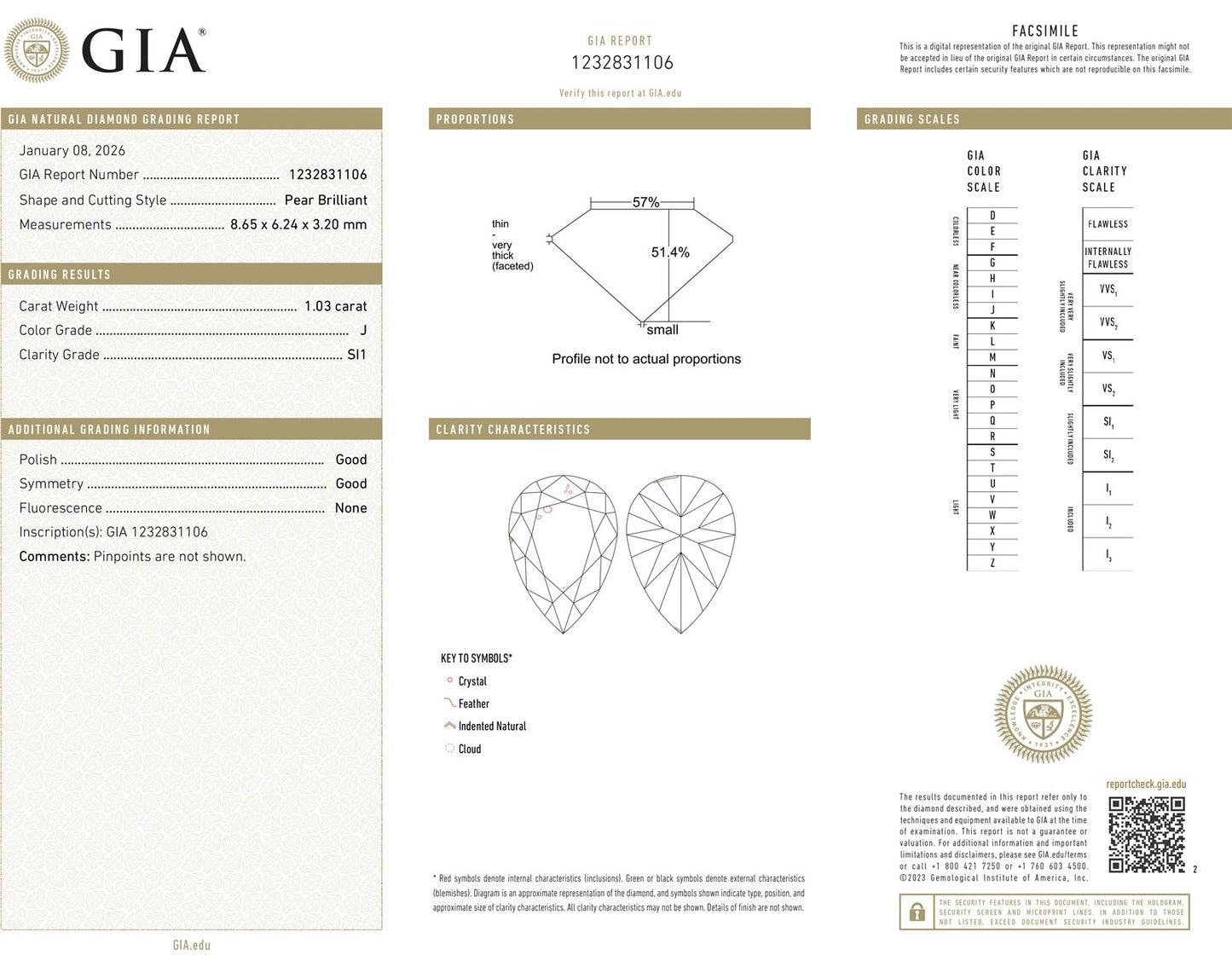 Loose 1.03ct Pear Cut GIA Certified Natural Diamond SI1/J p24423