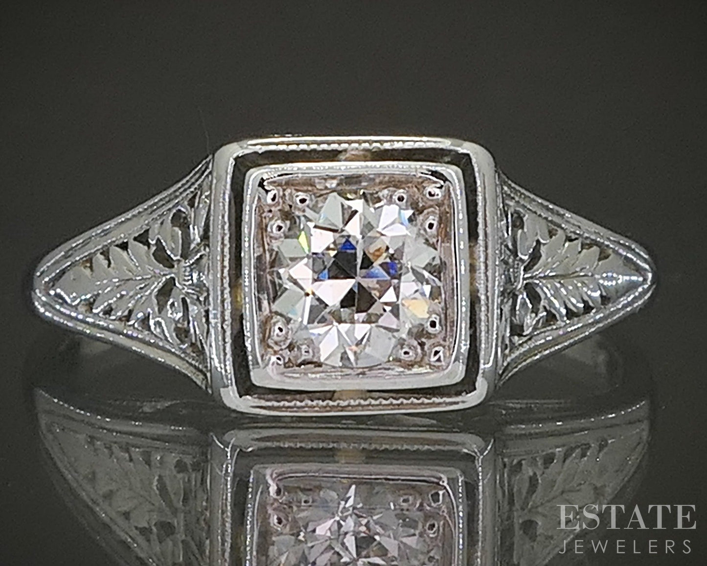 Antique 18k White Gold OEC Natural .42ct Diamond Filigree Solitaire Ring p24913