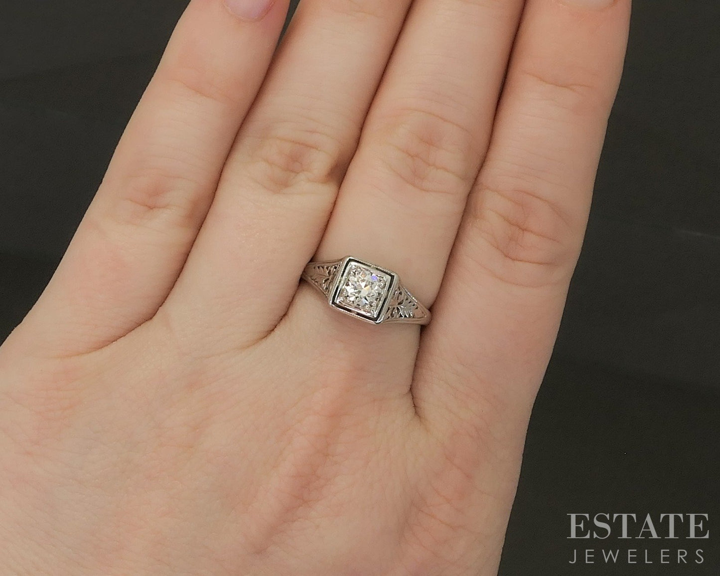 Antique 18k White Gold OEC Natural .42ct Diamond Filigree Solitaire Ring p24913