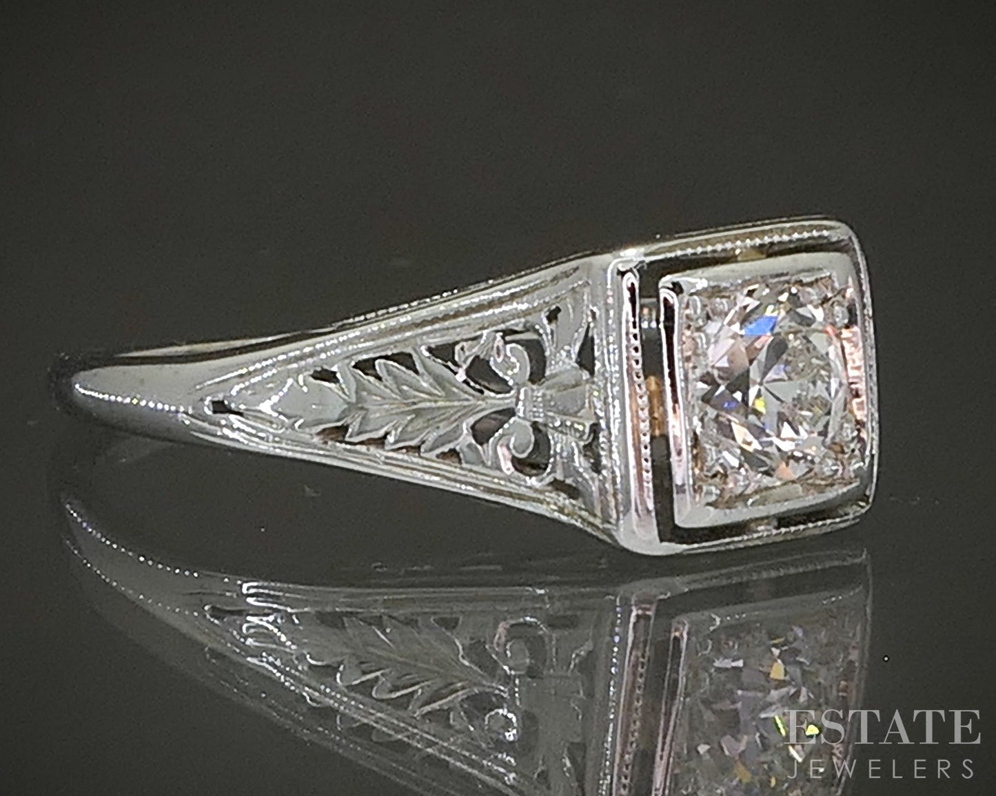 Antique 18k White Gold OEC Natural .42ct Diamond Filigree Solitaire Ring p24913