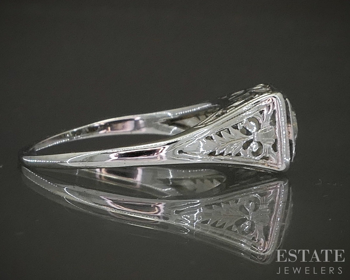 Antique 18k White Gold OEC Natural .42ct Diamond Filigree Solitaire Ring p24913