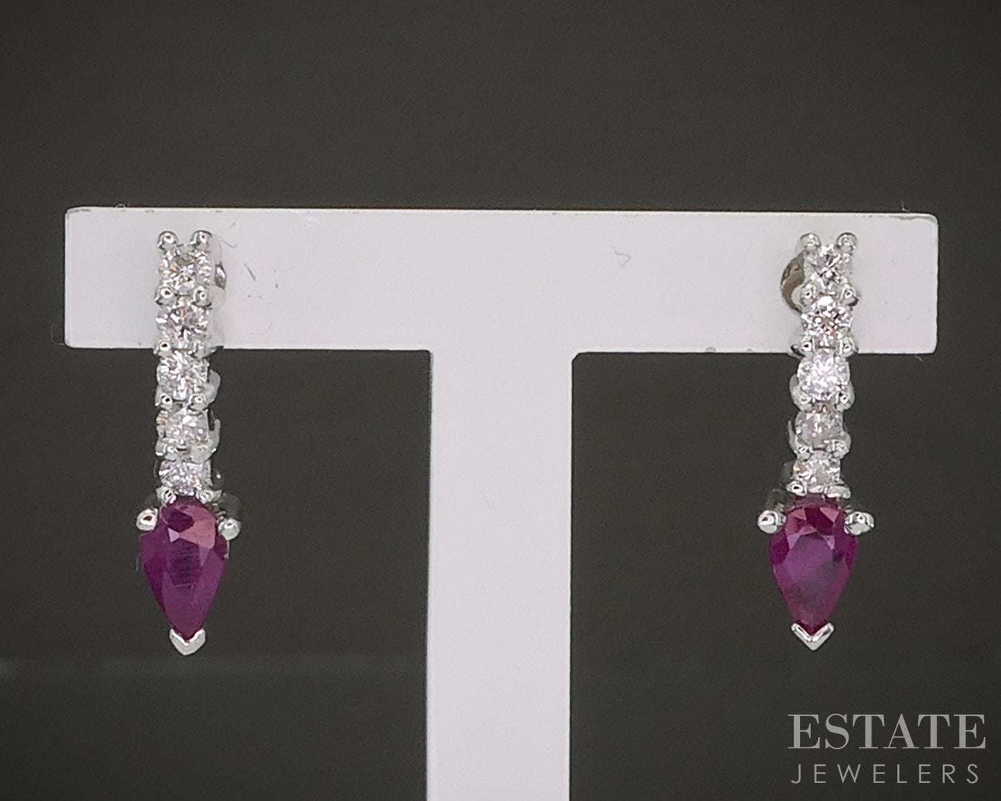 14k White Gold Pear Natural Ruby & Diamond Dangle Earrings 1.5g p24719