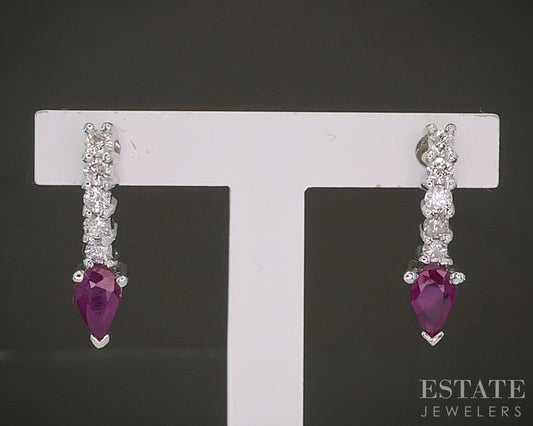 14k White Gold Pear Natural Ruby & Diamond Dangle Earrings 1.5g p24719