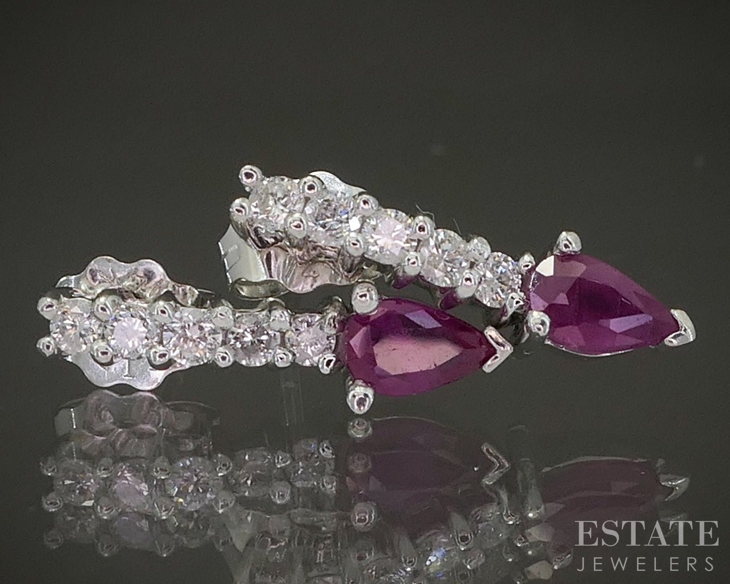 14k White Gold Pear Natural Ruby & Diamond Dangle Earrings 1.5g p24719