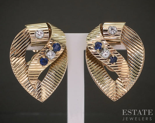 Retro 14k Yellow Gold Natural Blue Sapphire & Diamond Earrings 7.1g p23944