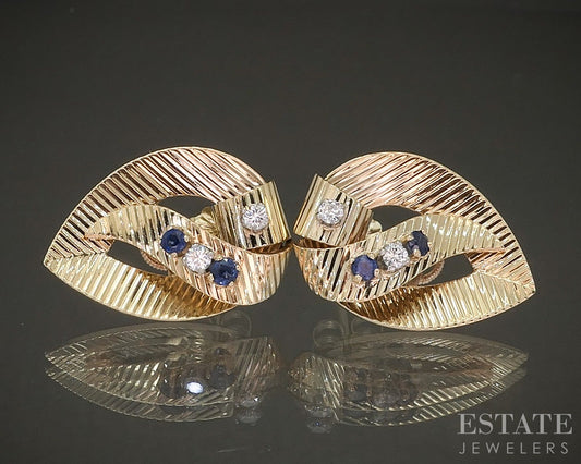 Retro 14k Yellow Gold Natural Blue Sapphire & Diamond Earrings 7.1g p23944