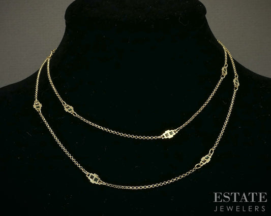 Vintage 14k Yellow Gold Enameled Opera Length Station Necklace 7.6g 32"L p24811
