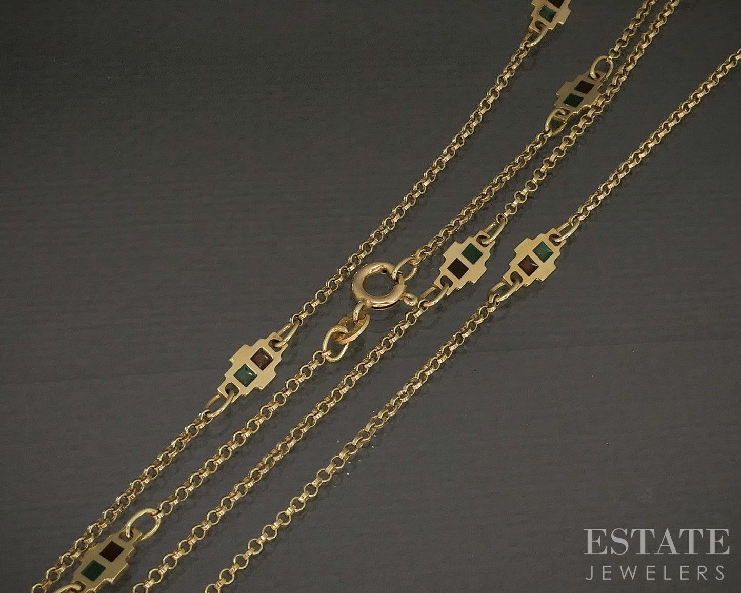 Vintage 14k Yellow Gold Enameled Opera Length Station Necklace 7.6g 32"L p24811