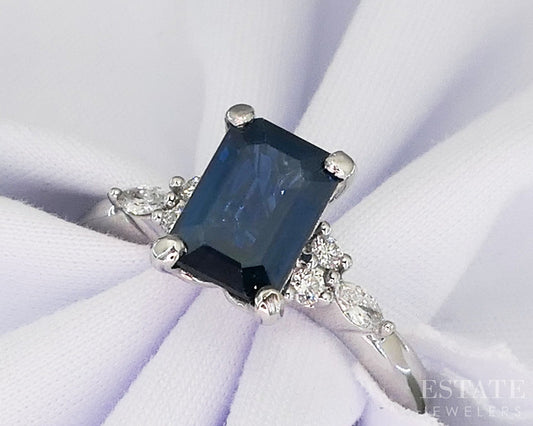 14k White Gold Emerald Natural Blue Sapphire & Diamond Engagement Ring p24552