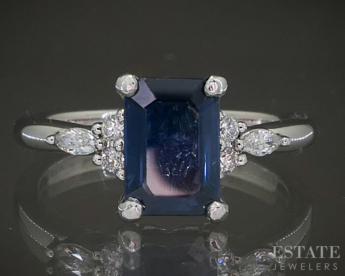14k White Gold Emerald Natural Blue Sapphire & Diamond Engagement Ring p24552