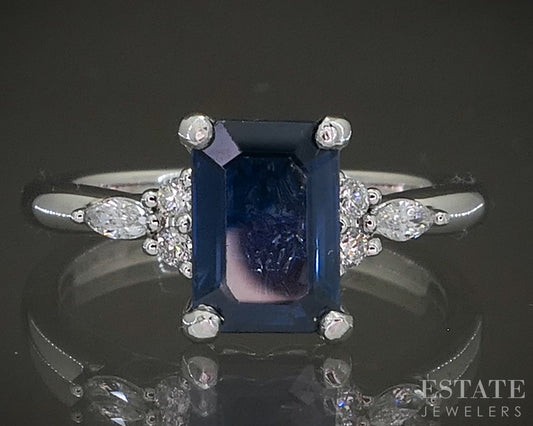 14k White Gold Emerald Natural Blue Sapphire & Diamond Engagement Ring p24552