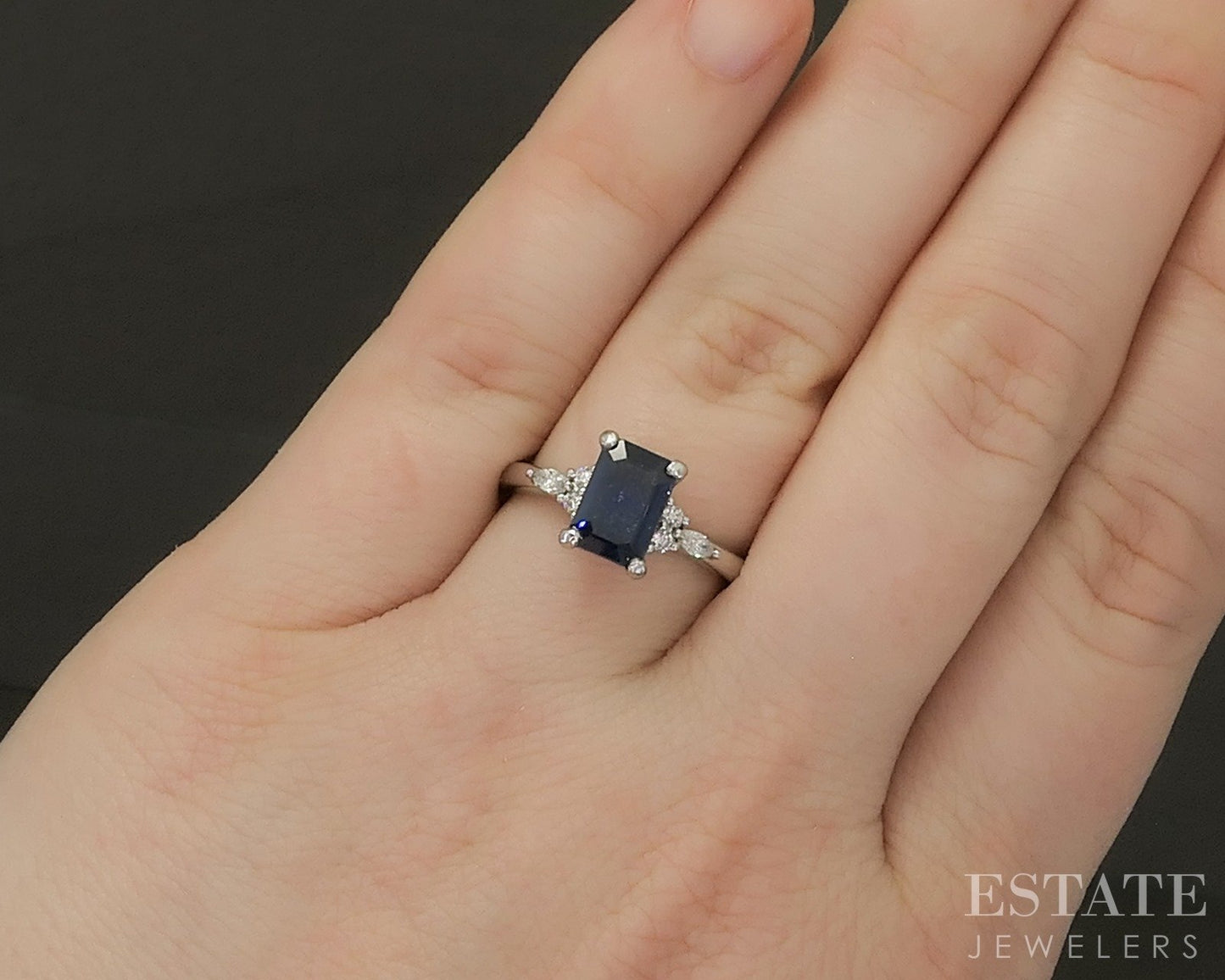 14k White Gold Emerald Natural Blue Sapphire & Diamond Engagement Ring p24552