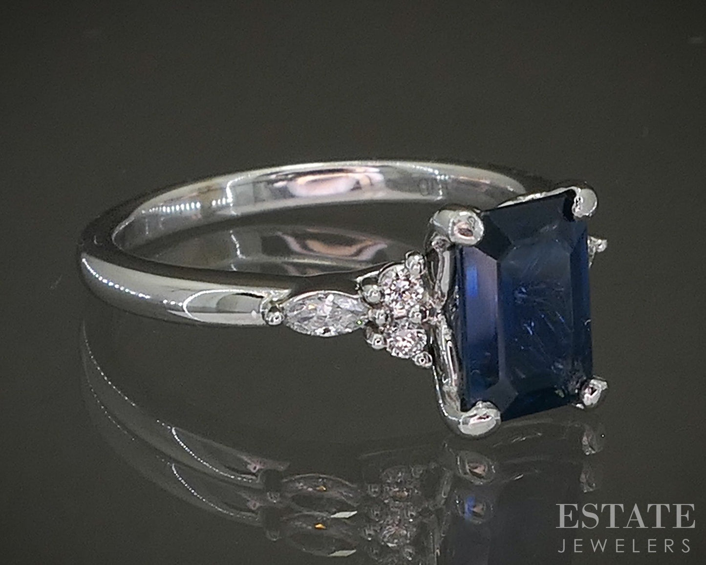 14k White Gold Emerald Natural Blue Sapphire & Diamond Engagement Ring p24552