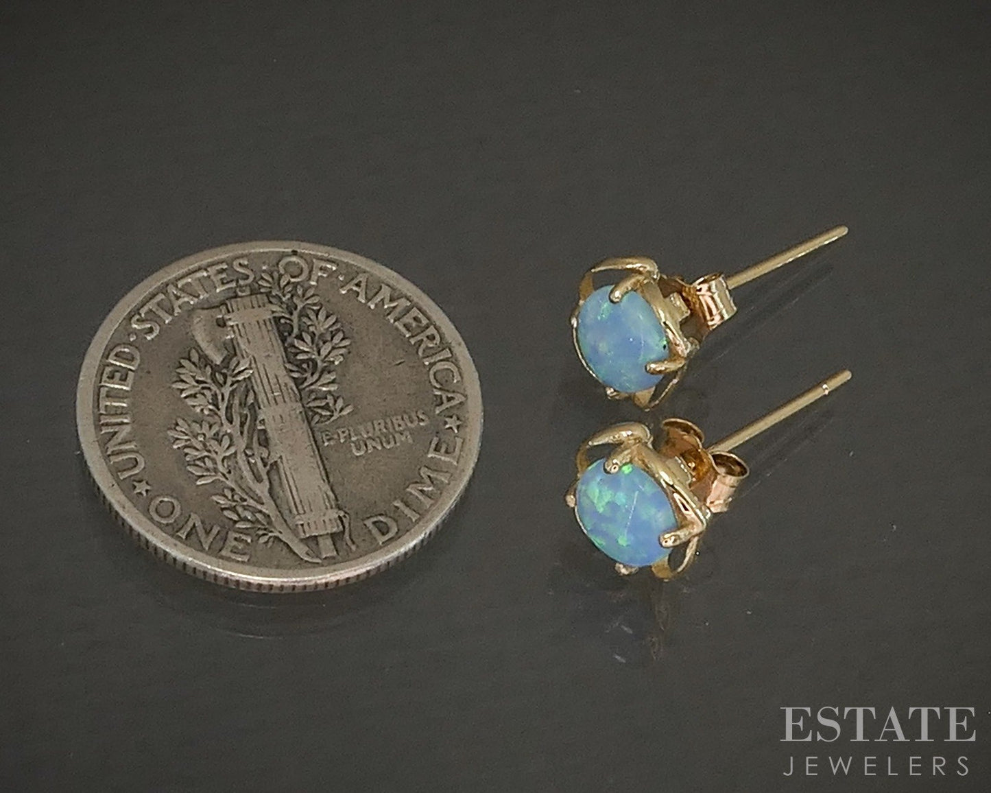 14k Yellow Gold Round 5mm Natural Blue Opal Stud Earrings p24860