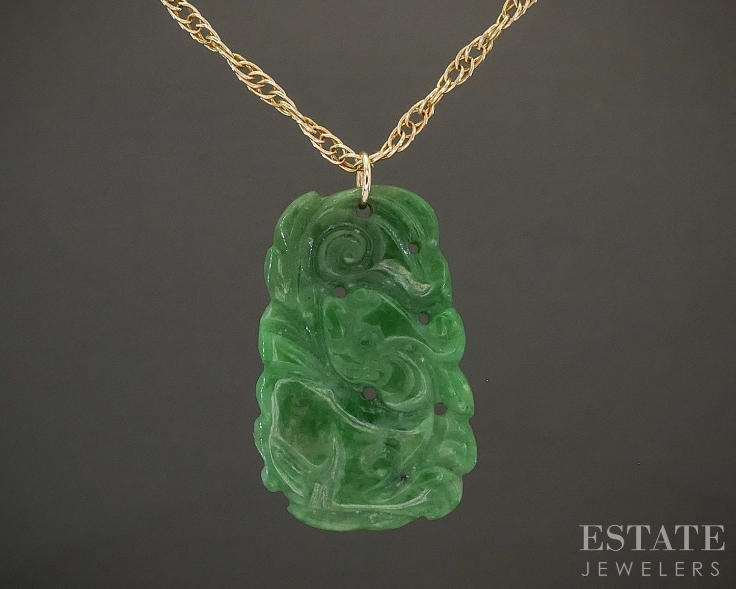 Vintage 14k Yellow Gold Carved Natural Green Jade Ladies Necklace 4g 21"L p24797
