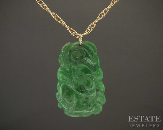Vintage 14k Yellow Gold Carved Natural Green Jade Ladies Necklace 4g 21"L p24797