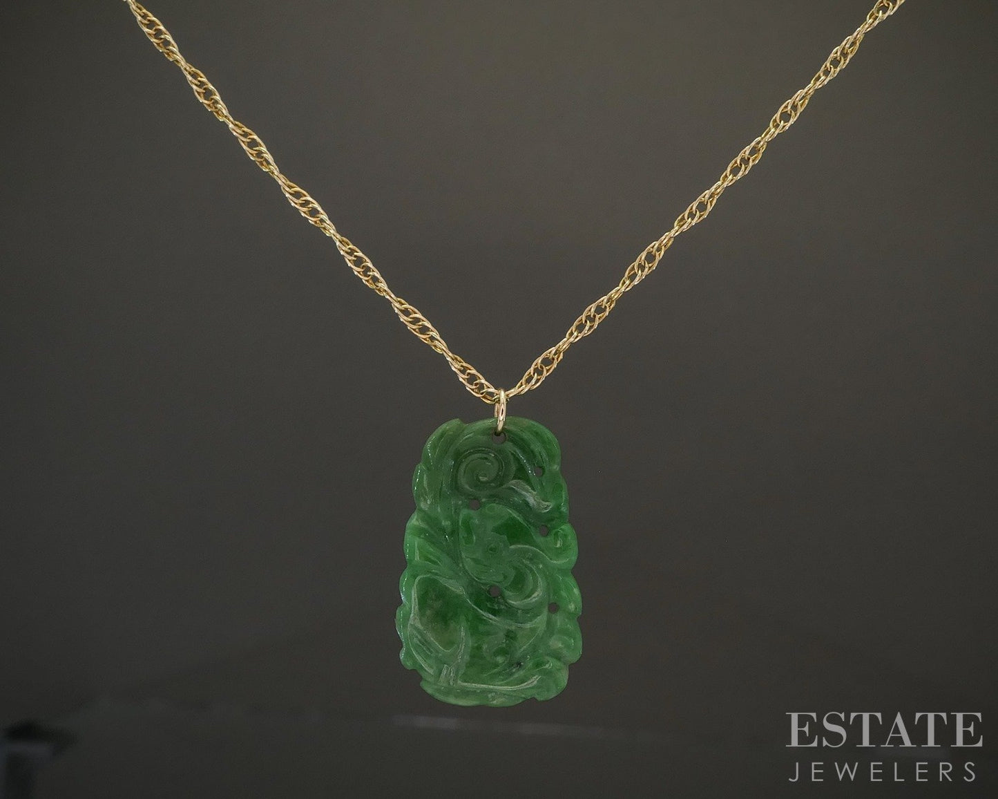 Vintage 14k Yellow Gold Carved Natural Green Jade Ladies Necklace 4g 21"L p24797