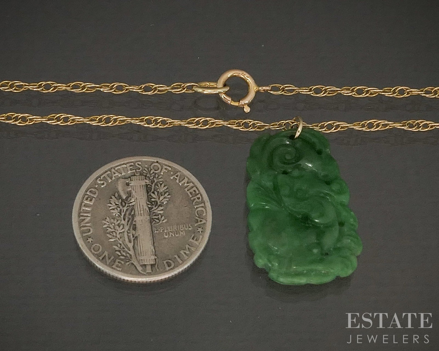 Vintage 14k Yellow Gold Carved Natural Green Jade Ladies Necklace 4g 21"L p24797