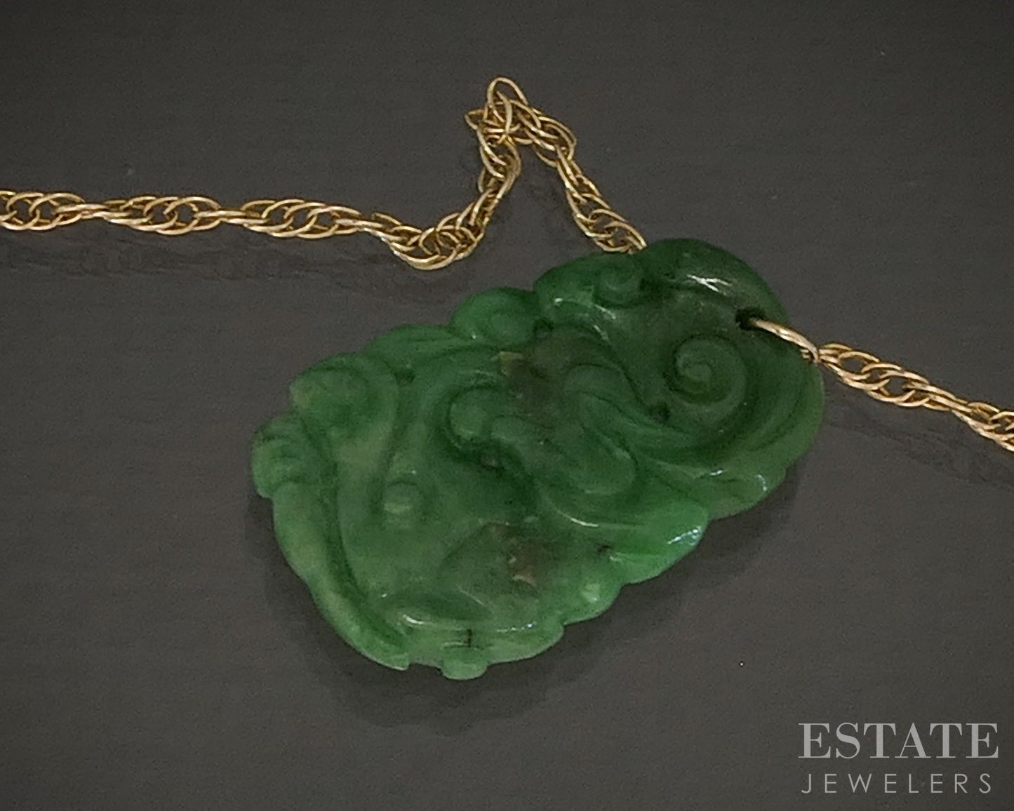 Vintage 14k Yellow Gold Carved Natural Green Jade Ladies Necklace 4g 21"L p24797