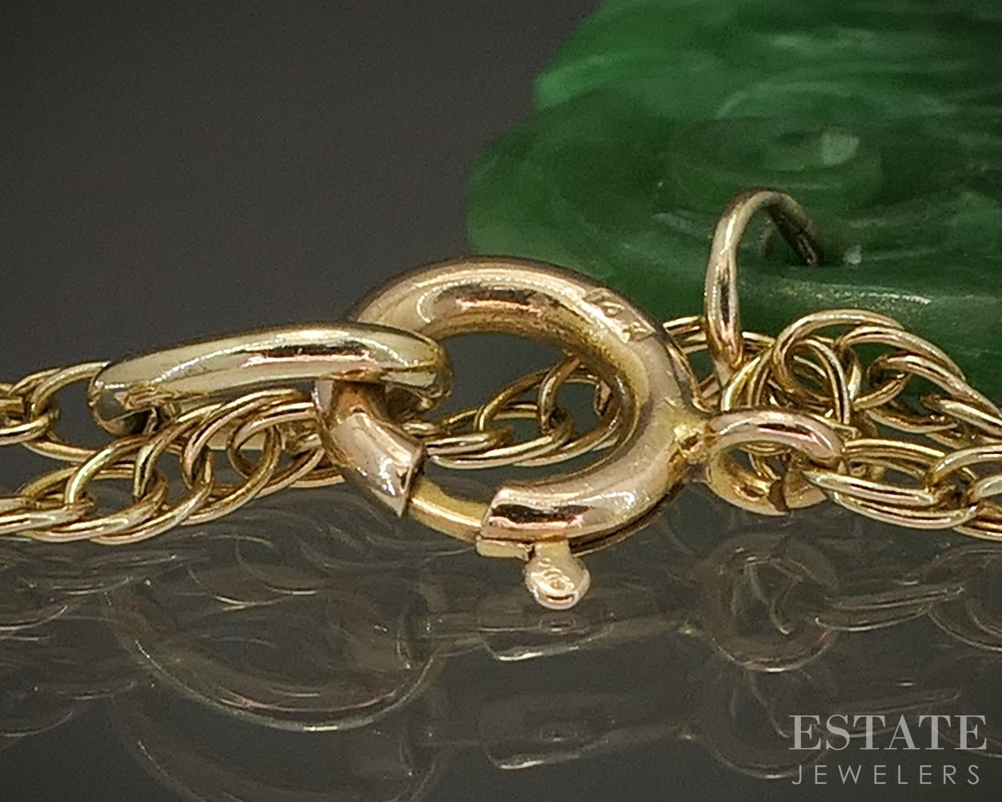 Vintage 14k Yellow Gold Carved Natural Green Jade Ladies Necklace 4g 21"L p24797
