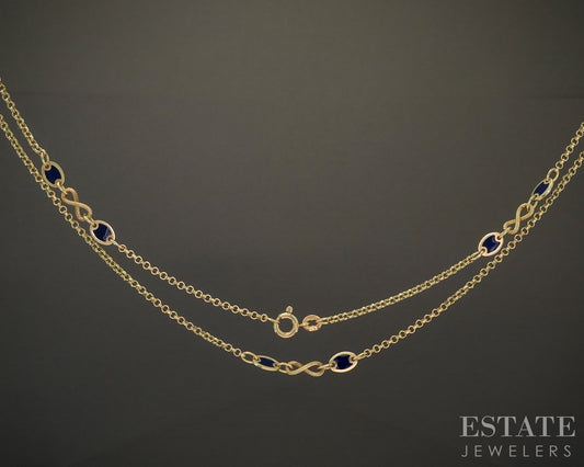 Vintage 14k Yellow Gold Blue Enameled Station Necklace 8.6g 26"L p24799