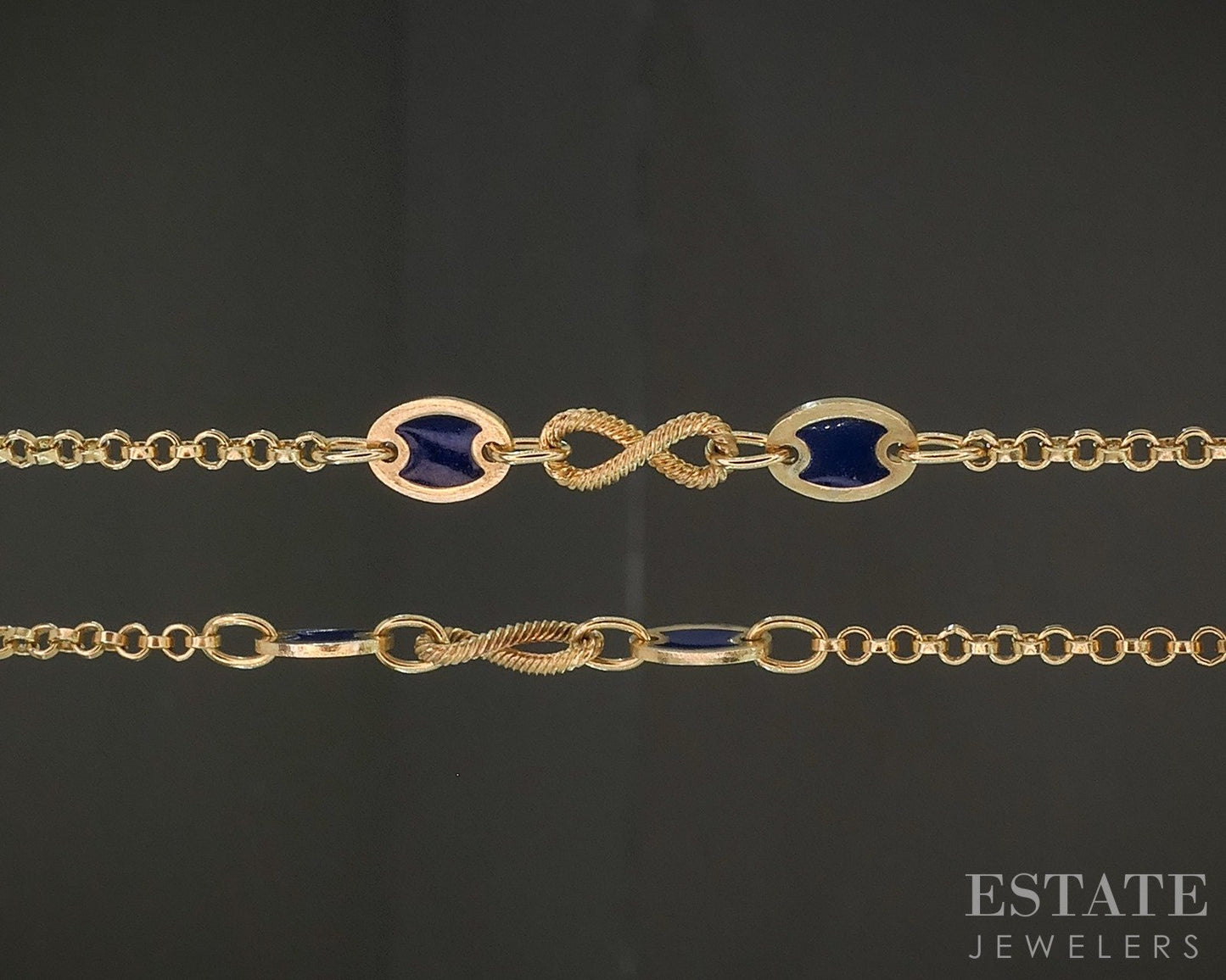 Vintage 14k Yellow Gold Blue Enameled Station Necklace 8.6g 26"L p24799