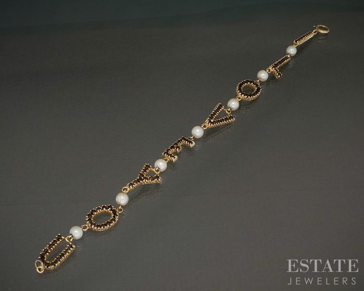 14k Yellow Gold Cultured Pearl & Garnet I Love You Bracelet 9.8g 7.5"L p24421