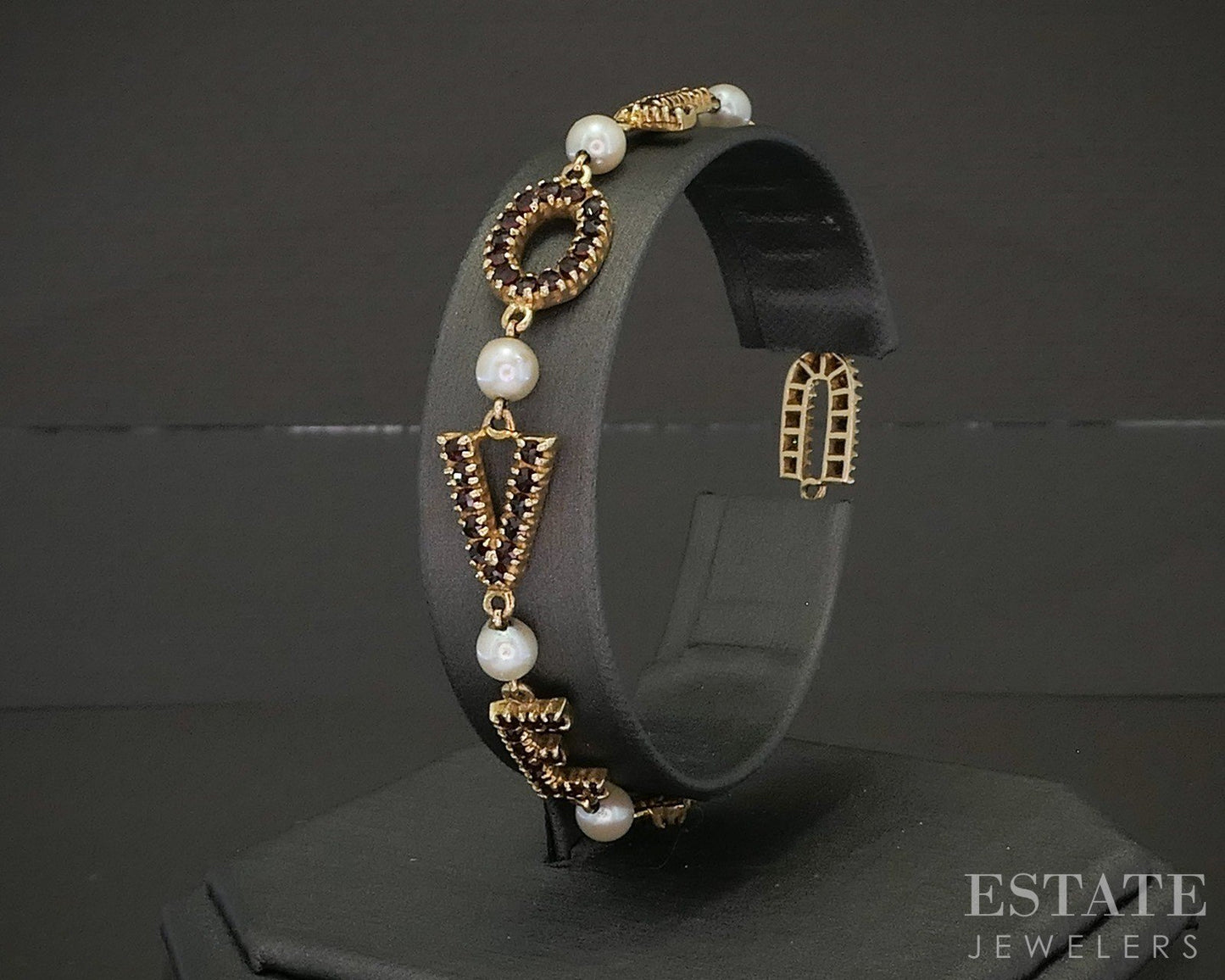 14k Yellow Gold Cultured Pearl & Garnet I Love You Bracelet 9.8g 7.5"L p24421