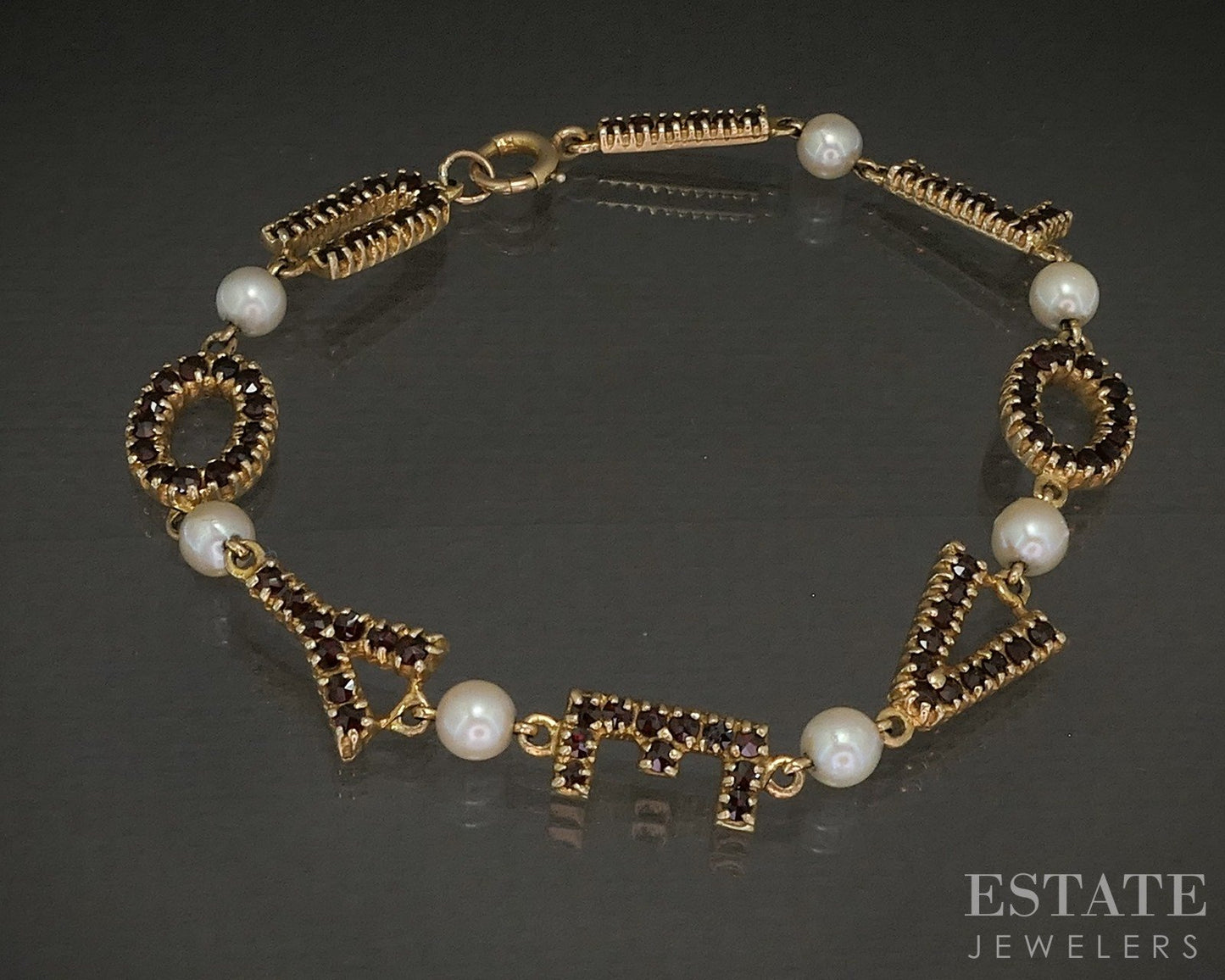14k Yellow Gold Cultured Pearl & Garnet I Love You Bracelet 9.8g 7.5"L p24421