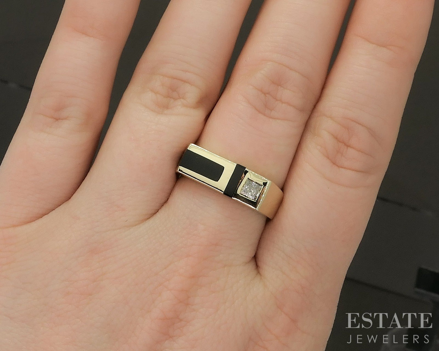 14k Yellow Gold Natural Black Onyx & .25ct Diamond Square Band Ring 7.6g p24673