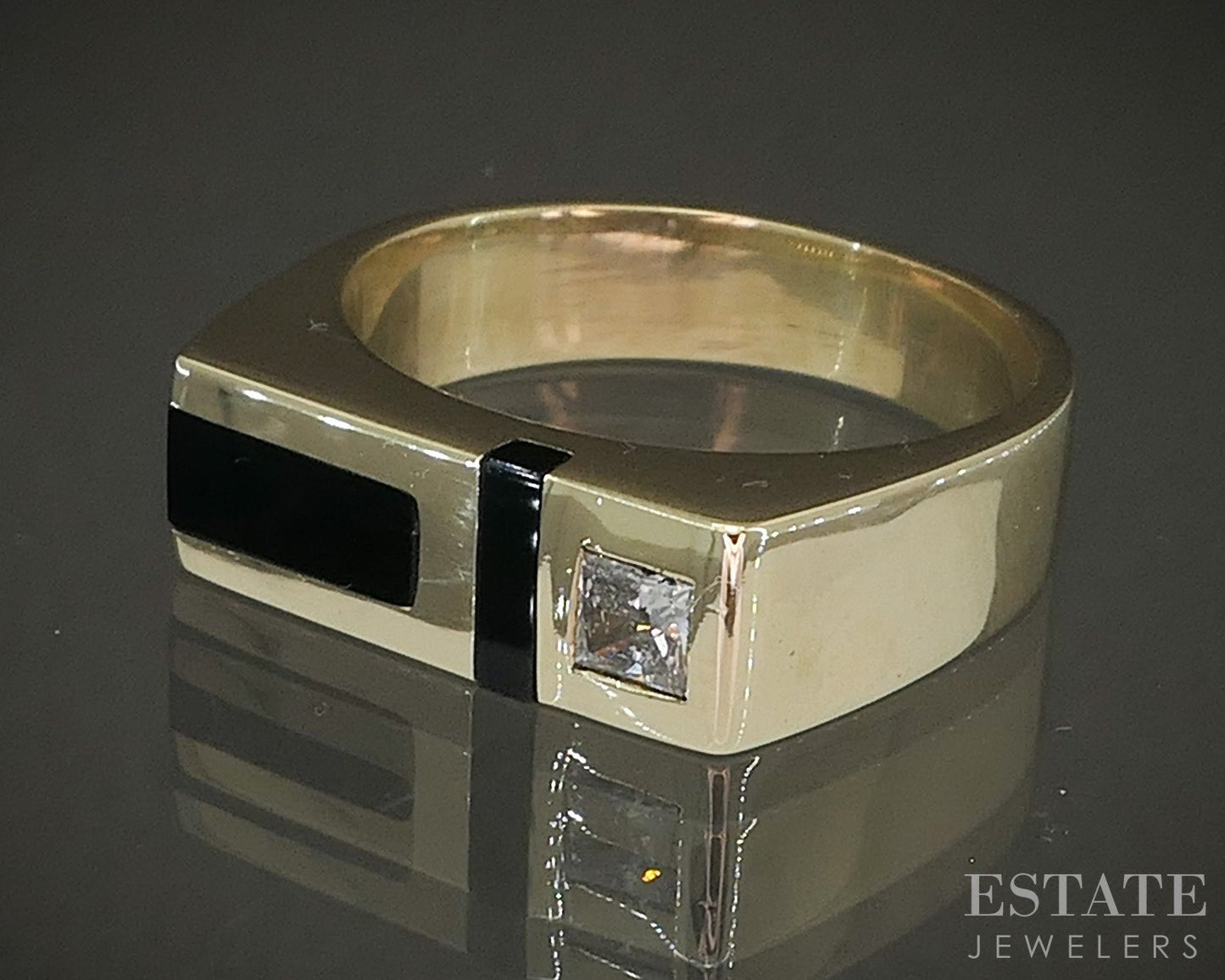 14k Yellow Gold Natural Black Onyx & .25ct Diamond Square Band Ring 7.6g p24673