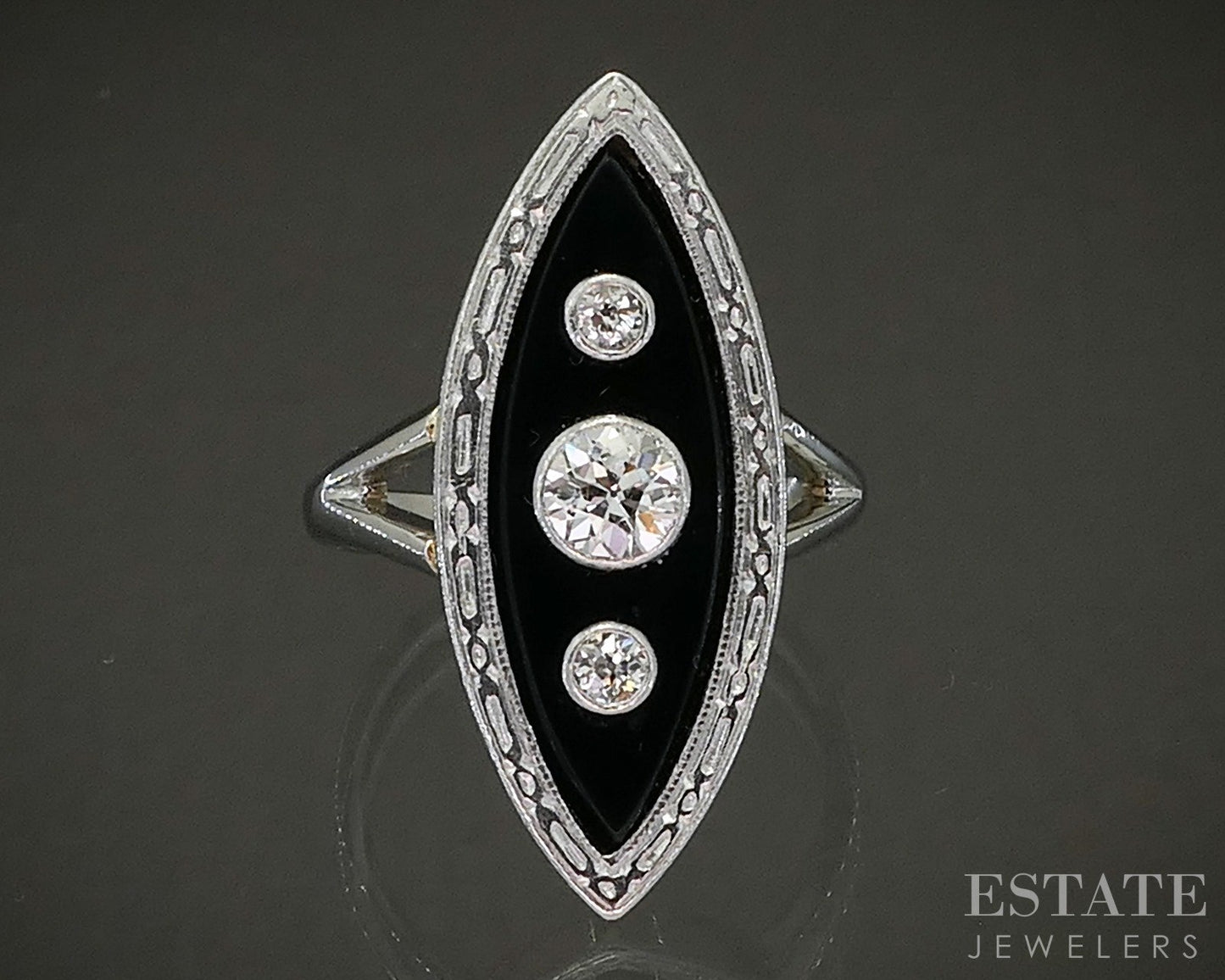 Edwardian 18k Platinum OEC Natural Diamond & Black Onyx Navette Ring 4.8g p24720