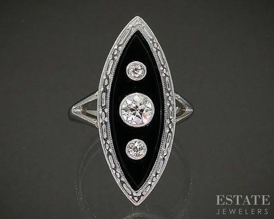 Edwardian 18k Platinum OEC Natural Diamond & Black Onyx Navette Ring 4.8g p24720