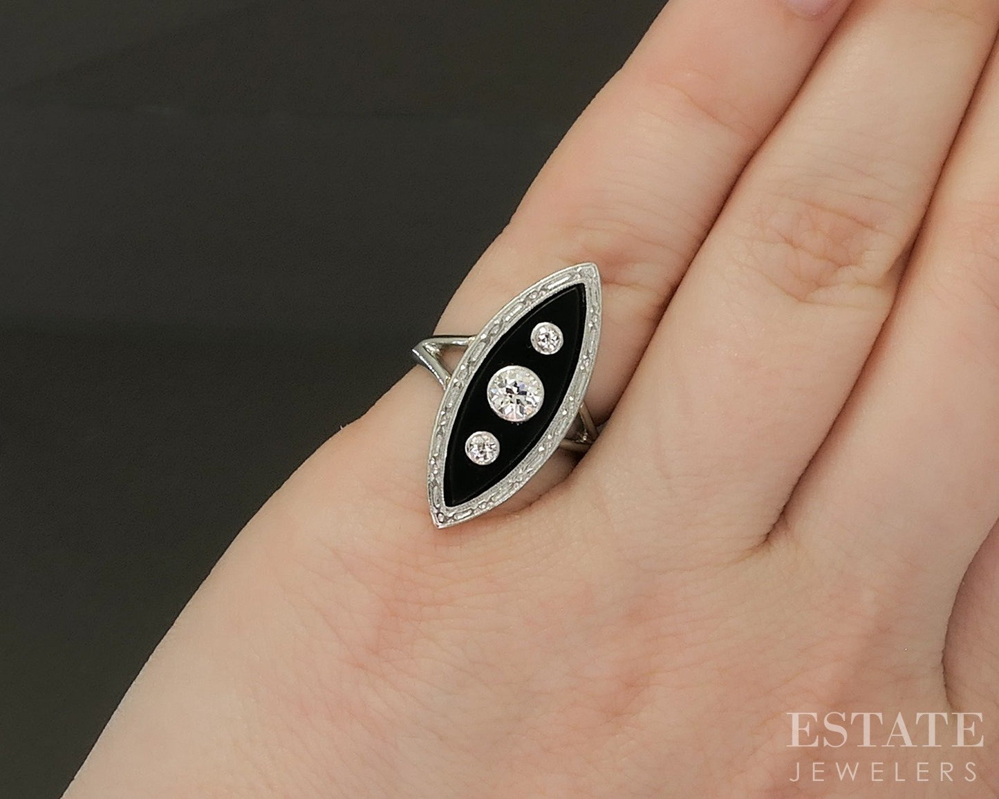 Edwardian 18k Platinum OEC Natural Diamond & Black Onyx Navette Ring 4.8g p24720